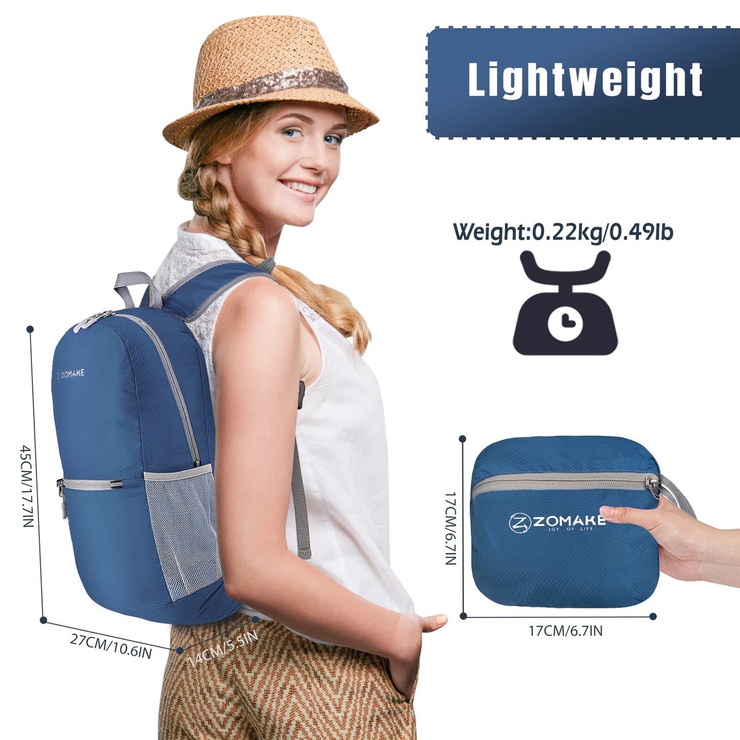 ZOMAKE Ultra Lightweight Hiking Backpack 20L, Packable Small Backpacks Water Resistant Daypack for Women Men(Navy Blue)