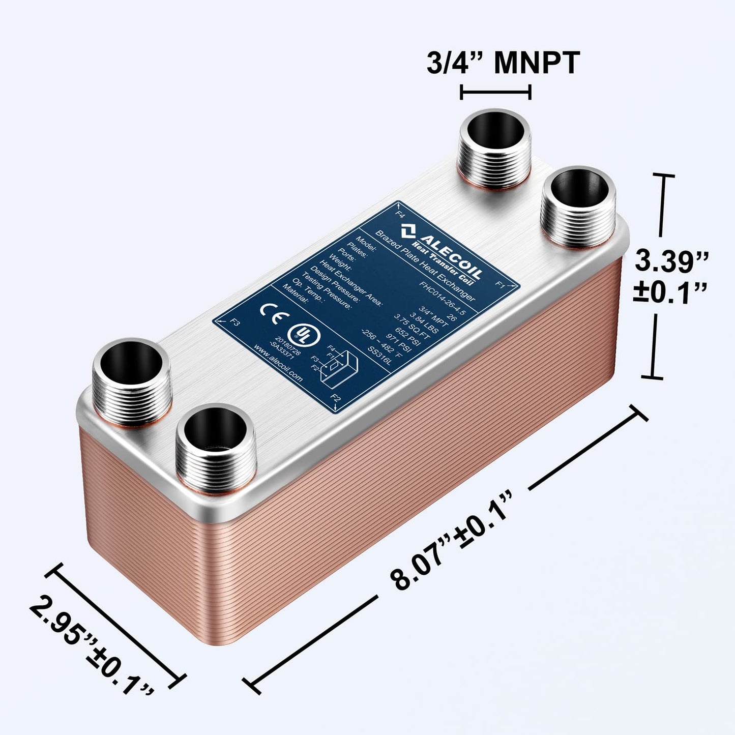ALECOIL 3"x8" 26 Plates Heat Exchanger with 3/4" MPT Port Water to Water 316L Stainless Steel Brazed Plate Heat Exchanger for Water Heating, Floor Heating, Commercial and Industrial Refrigeration