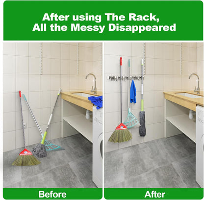 Voze Mop and Broom Holder - 3 Racks & 4 Hooks, Heavy-Duty Self-Adhesive Organizer for Home & Garage
