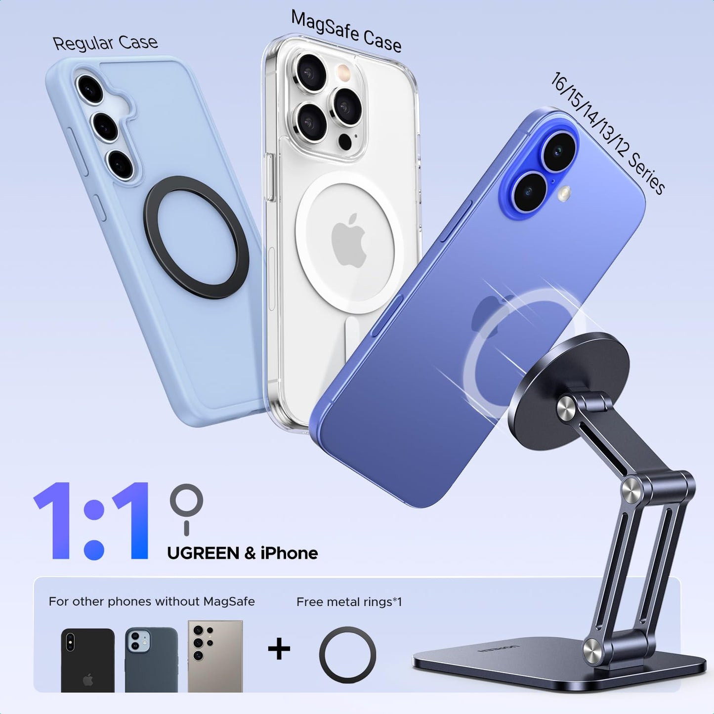 UGREEN Magnetic Phone Stand Compatible with MagSafe Holder for Desk Ergonomic Design Adjustable, Aluminum Cell Phone Stand Compatible for iPhone 17 Air 16 15 14 13 12 Pro Max and MagSafe Case, Grey