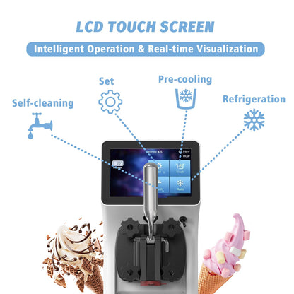 AnyDoor Commercial Ice Cream Maker Machine 1000W 2.7 to 4 Gal/H Single Flavor Soft Serve Ice Cream Machine Pre-cooling Auto Clean LCD Touch Screen Soft Serve Maker for Snack Bar Restaurants