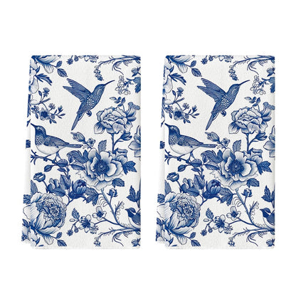 Artoid Mode Blue Hummingbird Flowers Kitchen Towels Dish Towels, 18x26 Inch Farmhouse Royal Blue Porcelain Decoration Hand Towels Set of 2