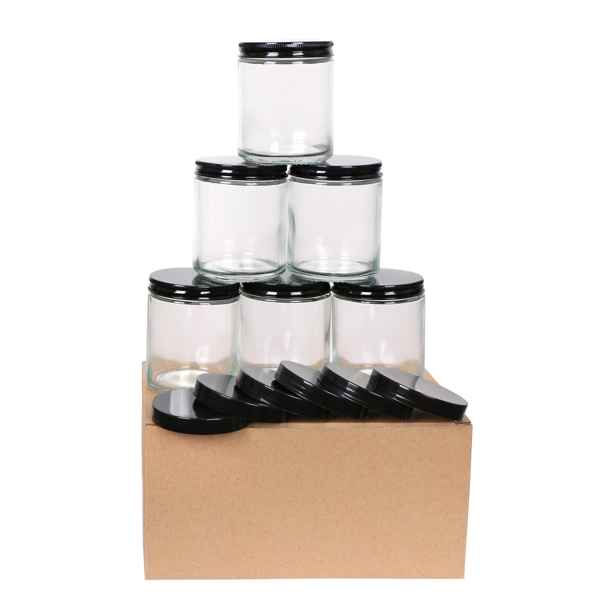 KIGITIK 6 pack 8oz Glass Jars and Plastic & Metal Lids, Refillable Thick Glass Jars For Candle, Storage, Spice, Liquid, Powder. (8oz Clear)
