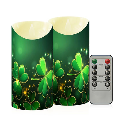 St. Patrick's Day Flameless Candles Set of 2 Clover Pattern C Realistic LED Candles with Remote Battery Operated Holiday Decorations