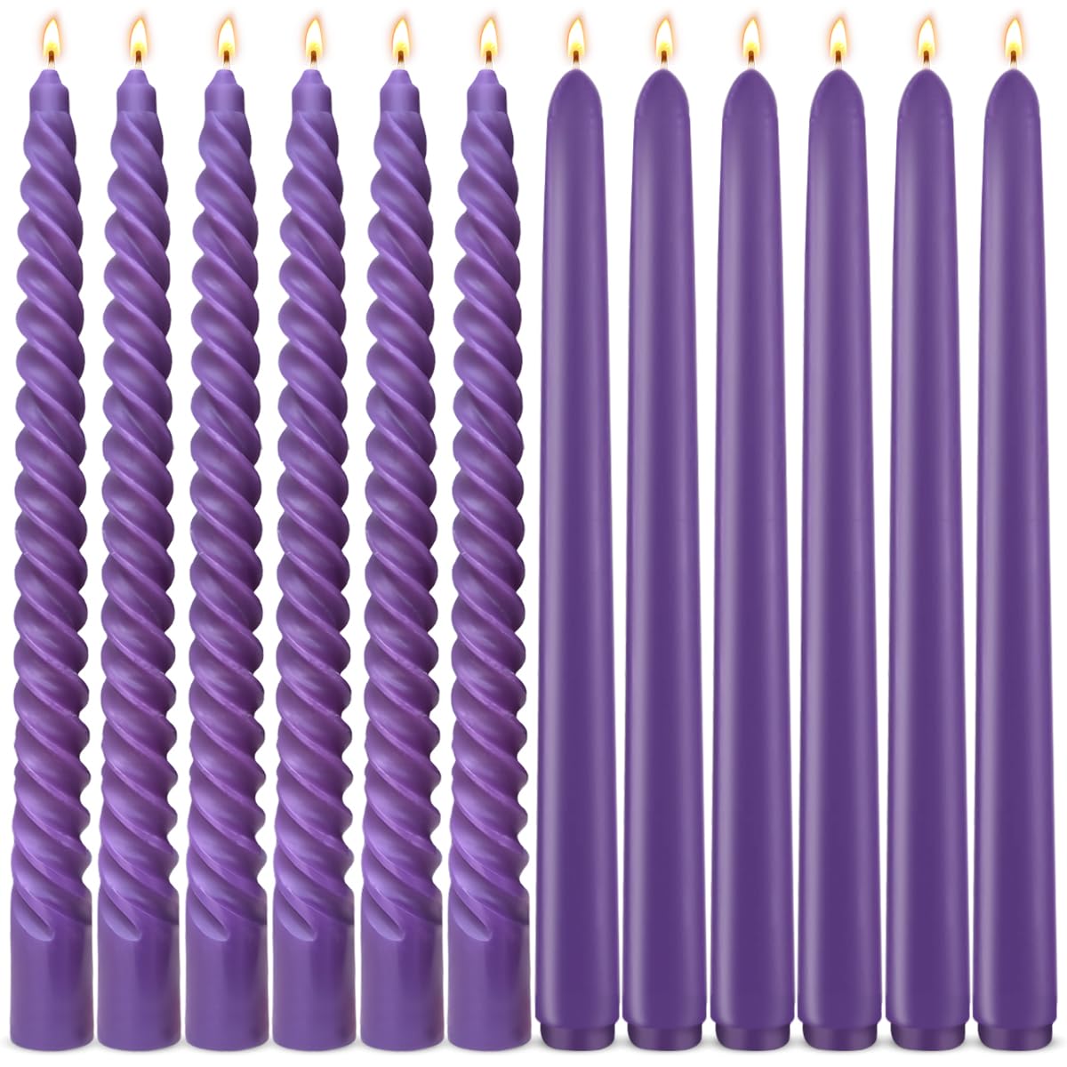 Royal Purple Taper Candles 6 Pack and Spiral Candles 6 Pack Set, 10 Inch Elegant Dripless Unscented Candlesticks for Weddings, Dinners, Parties and Home Decor