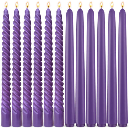 Royal Purple Taper Candles 6 Pack and Spiral Candles 6 Pack Set, 10 Inch Elegant Dripless Unscented Candlesticks for Weddings, Dinners, Parties and Home Decor