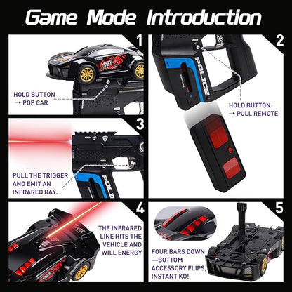 3-in-1 RC Drift Car Remote Control 1:24 Police/Sports/Racing Rechargeable 2-Player Battle Set with Infrared Gun Knock-to-Flip 60 Min Play for Kids 4 5 6 7 8 9 Year Old (Black)