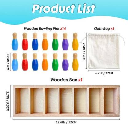 pamexin Family Games for Kids Wooden Bowling Color Matching Game with 7 Bright Pins and Storage Bag Family Board Games Party Birthday Gift Fun Party Game for Boys Girls