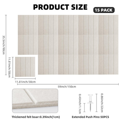 Large Felt Bulletin Board 59" x 35.5" 15 Pack Self-Adhesive Modular Felt Tiles, Cork Board Alternative for Wall, Acoustic Soundproof Panels for Home Office Classroom Decor with 50 Push Pins (Camel)