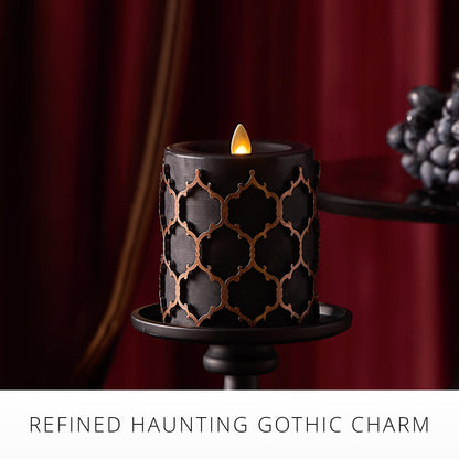 Luminara Black Embossed Fretwork 3.5" x 4.5" Pillar, AA Battery Operated w/Timer Function, Flickering Flameless LED Light Real Wax Candle for Indoor Home Decoration, for Dining Room Table Centerpiece