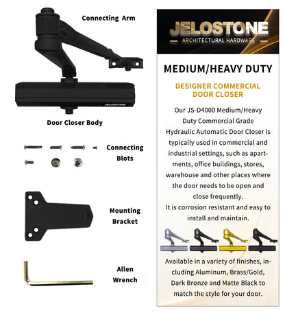 JELOSTONE Medium/Heavy Duty, Commercial Door Closer D4000, ANSI Grade 1, UL 3 Hour Fire Rated, ADA Compliant, Adjustable Spring Size 1-6 for Doors (44-330lb, 30-60 in), Indoor/Outdoor (Black)