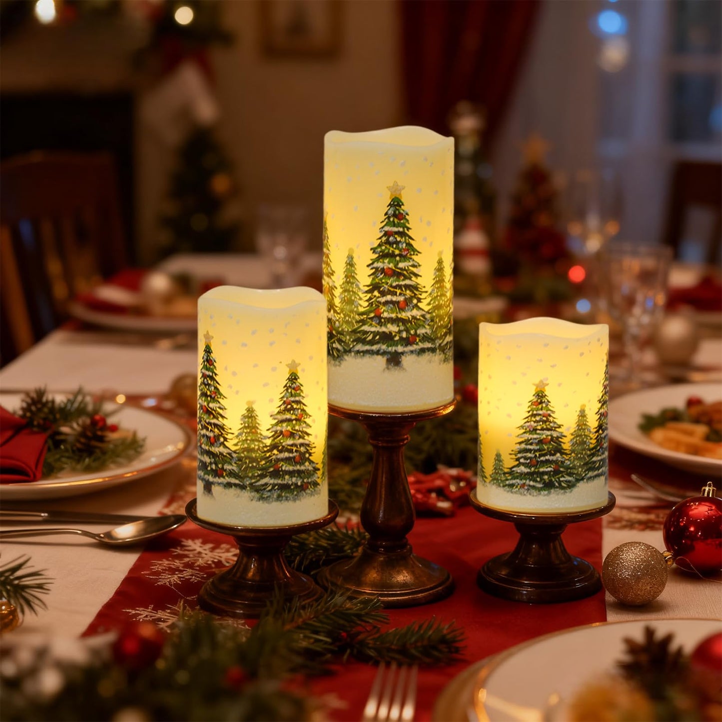 Wondise Flameless Flickering Pillar Candles with Remote Timer, Real Wax Battery Operated Christmas Tree Pine Tree Decal LED Candle for Christmas Decoration Gifts, Set of 3(D3 x H4/5/6 Inch)