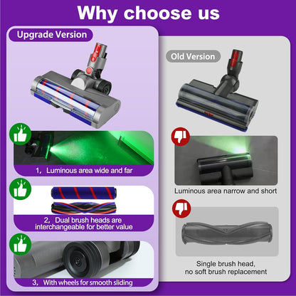 Lemige LED Green Light Head for Dyson V7 V8 V10 V11 V15 | Quick Release, Anti-Tangle Soft Brush Roller for All Floors