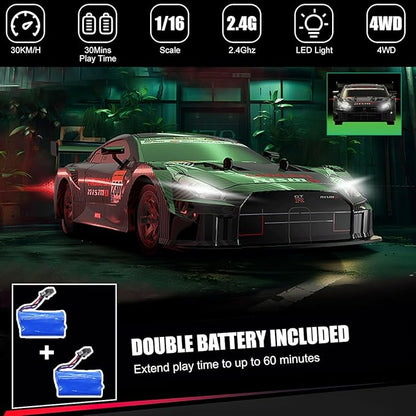 Dollox RC Drift Car 1/16 Scale Remote Control Car 2.4GHz 4WD 30+KM/H High Speed Vehicle with LED Lights Extra Drifting Tires Racing Black Vehicle Toys Birthday Gifts (191AB)