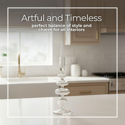 Glass Candle Holder – Taper Candle Holders and Candlestick Holders for Table Decor, Living Room or Dining Table Modern Home Decor Disc and Sphere Design Accent – 11", Frosted Clear