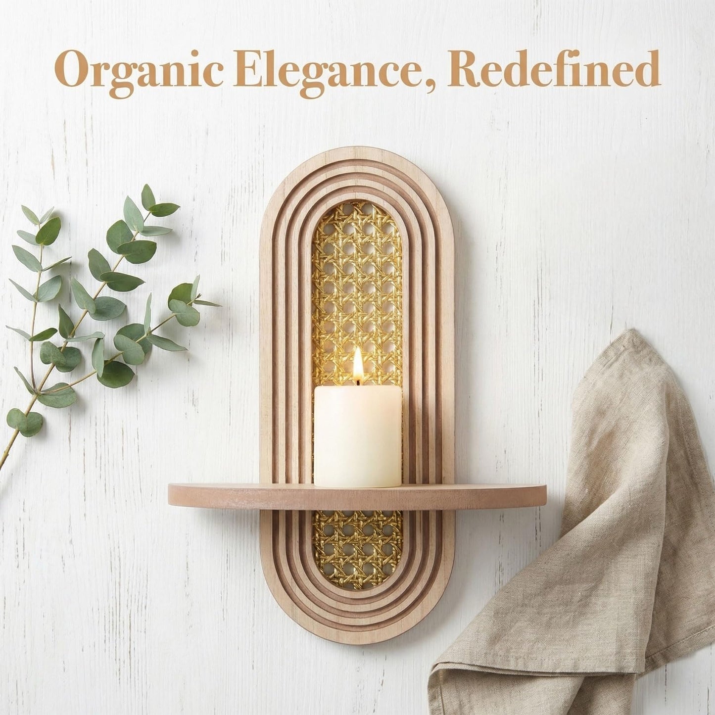 Wall Candle Holder Sconce, Set of 2 Wooden Wall Mounted Candle Holder with Arched Shelf and Gold Metal Vine Detail, Decorative Wall Sconce for Pillar Candles, Living Room Bedroom Entryway Decor