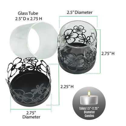 Lily’s Home Cutout Shadow Box Votive Tea Light Hurricane Glass Candle Holders, Centerpiece Lighting for Weddings, Entertaining and Home Decor, Flowers Garden Design, Black, Set of Two