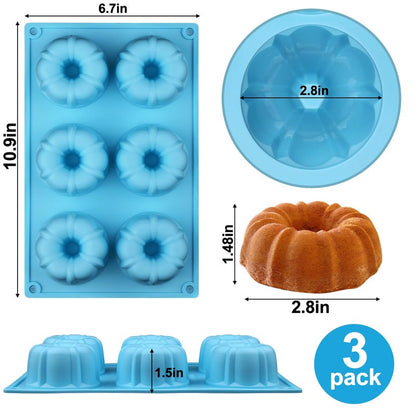 Palksky Mini Fluted Tube Pan Silicone 6-Cavity(3PCS), Multi-Cavity small Cake Baking Pan, mini moldes para chocoflan
