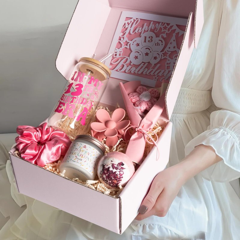 XGFYYMM 13th Birthday Gifts for Girls, 13 Year Old Gift Ideas for Official Teenager Girl, 7Pcs Happy 13th Birthday Basket Decorations Teen Trendy Stuff, Pink Presents Box for Her, Daughter, Niece