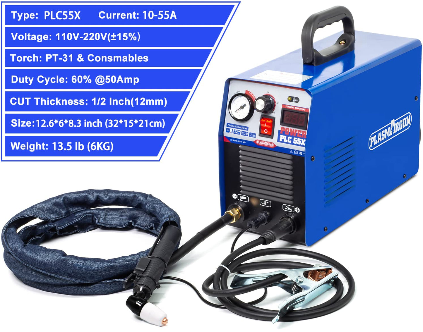 Plasma Cutter 55Amp PLC55 Dual Voltage Plasma Cutting Equipment 110V / 220V, IGBT DC Inverter Portable Air Plasma Cutter Machine 1/2 Inch Clean Cut Intelligent Digital Display (110/220V)