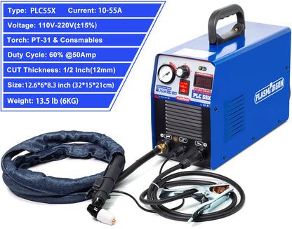 Plasma Cutter 55Amp PLC55 Dual Voltage Plasma Cutting Equipment 110V / 220V, IGBT DC Inverter Portable Air Plasma Cutter Machine 1/2 Inch Clean Cut Intelligent Digital Display (110/220V)