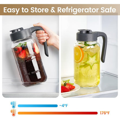 Spreccio 64 oz Mason Jar Pitcher with Lid - Wide Mouth, 2 Quart Glass Water Pitcher with Lid - Heavy Duty, Leak Proof - Sun & Iced Tea, Cold Brew Coffee, Lemonade, Breast Milk Storage