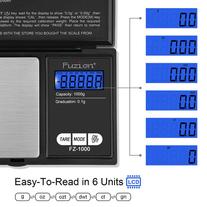 Fuzion Digital Pocket Gram Scale 1000g/0.1g, Small Digital Scales Grams Ounces Grains, Herb Scale, Jewelry Scale, Portable Travel Food Scale