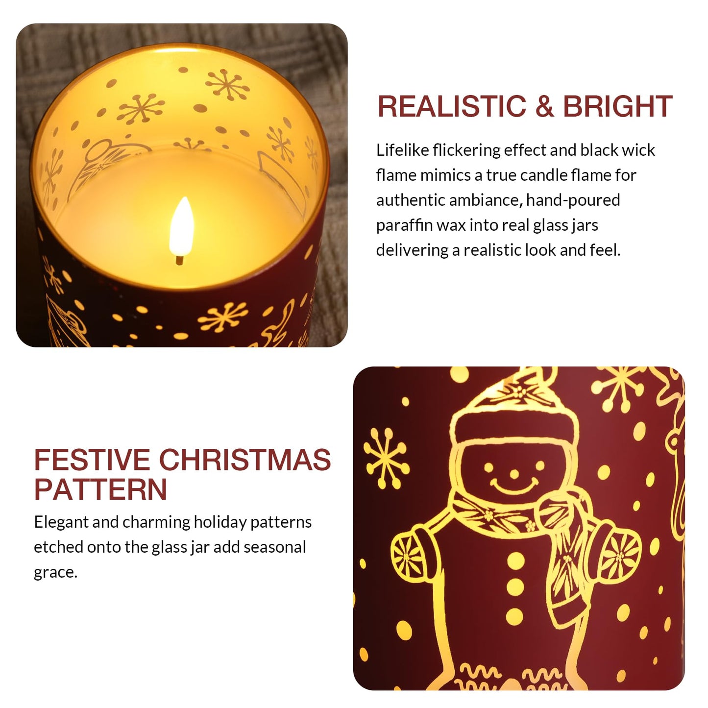 Eywamage Red Glass Flameless Pillar Candles with Remote, Flickering Snowman Deer LED Battery Candles Set of 2