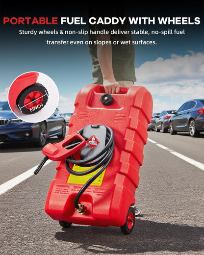 Garvee 15 gal Gas Can, Heavy-Duty Gas Tank and Fuel Caddy with Manual Fuel Transfer Pump, Portable Fuel Tank on Wheels with 10 ft Hose for Lawn Mowers, Cars, Boats, ATVs, Home and Farm Use, Red