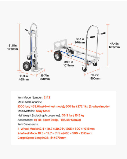 VEVOR 2 in 1 Hand Truck, 1000 lbs Load Capacity for 4-Wheel Mode, Convertible Hand Truck Dolly with Non-Slip Handle & Wheels, Portable Trolley Dolly for Moving Home, Office, Warehouse, Supermarket