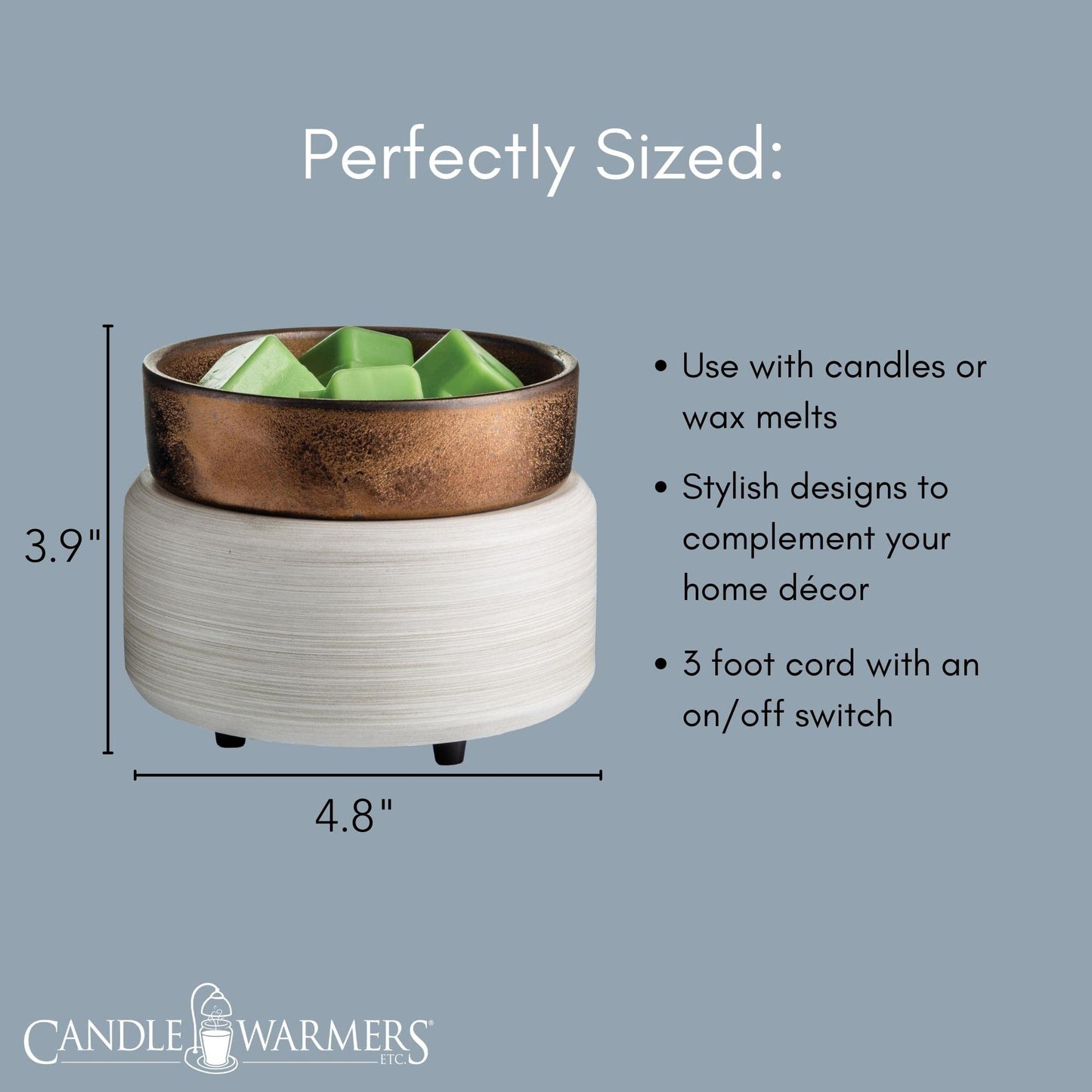Candle Warmers ETC 2-in-1 Candle and Fragrance Warmer for Warming Scented Candles or Wax Melts and Tarts with to Freshen Room, Whitewashed Bronze
