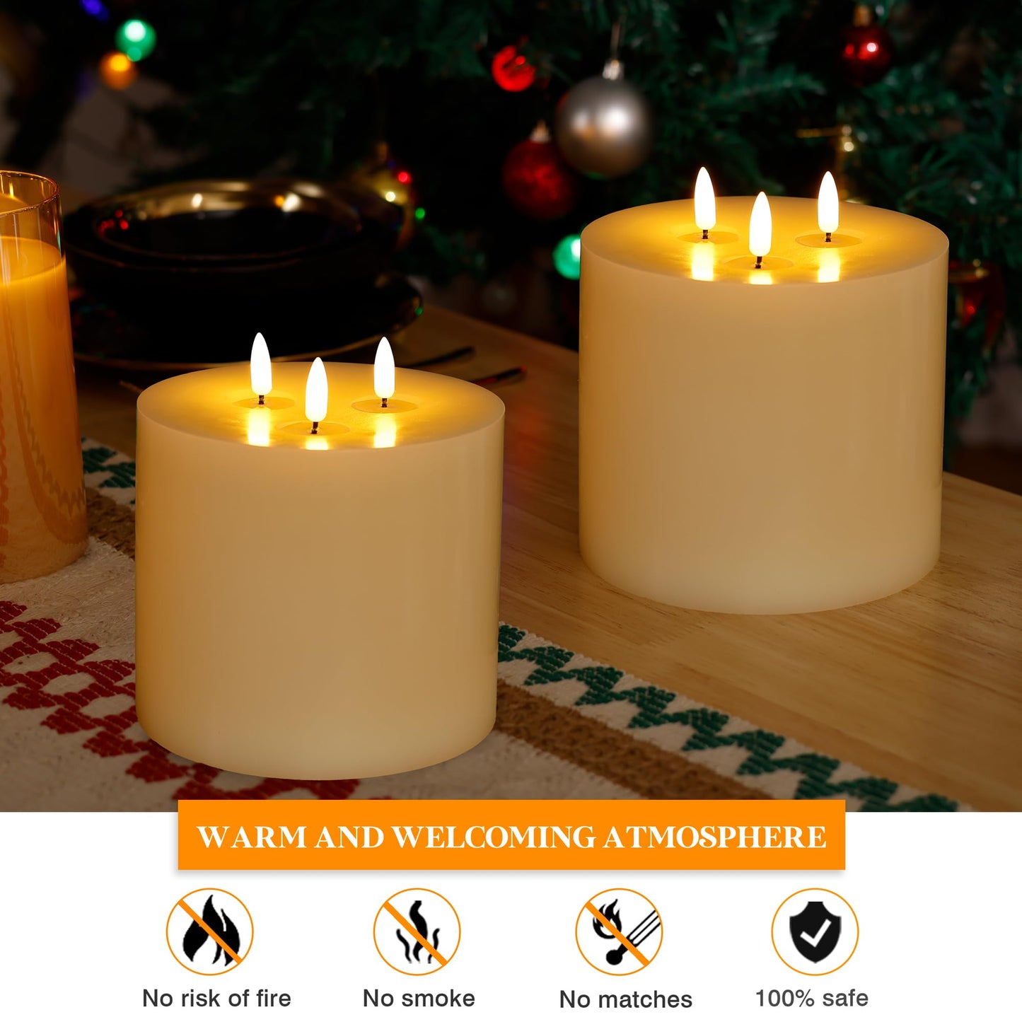 AFINETH Extra Large Flameless Candles, 6"x6" Real Wax Battery Operated Candles with Remote and Timer, Flickering LED Pillar Candles with 3 Wicks for Home, Wedding, Party, Holiday, Ivory