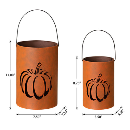 Glitzhome 2 Pack Halloween Cutout Pumpkin Lantern Candle Holder Bucket Thanksgiving Metal Standing or Hanging Porch Signs Decor, Orange