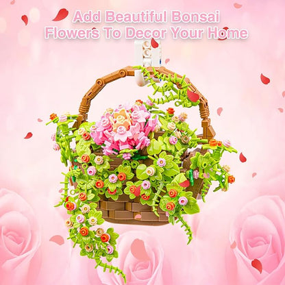 Flower Bouquet Building Set Flowers Basket Bonsai Plants with Light Botanical Collection Wall Decor Creative Building Toy Gift for Adults (691 PCS)