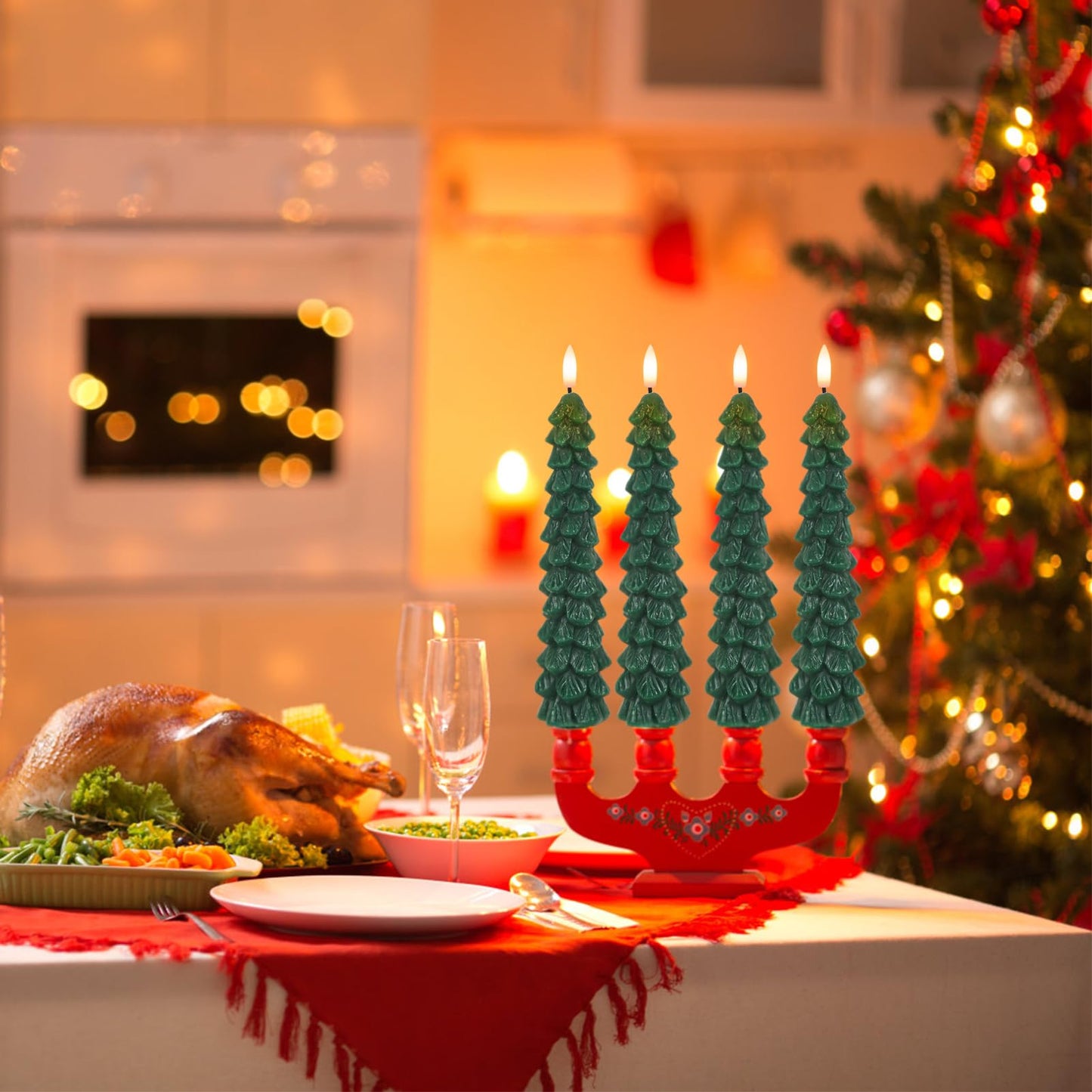 DRomance Christmas Tree Flameless Taper Candles Battery Operated with 10-Key Remote and Timer Real Wax LED Taper Candles 3D Wick Flickering Lifelike Leaves Dinner Xmas Holiday Decoration Set of 4
