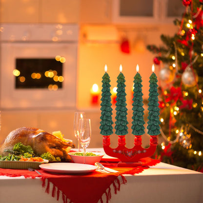 DRomance Christmas Tree Flameless Taper Candles Battery Operated with 10-Key Remote and Timer Real Wax LED Taper Candles 3D Wick Flickering Lifelike Leaves Dinner Xmas Holiday Decoration Set of 4