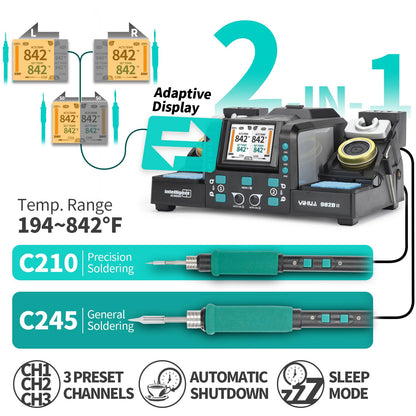 YIHUA 982D-II 2-IN-1 Digital Soldering Iron Kit, Precision Soldering Station with C210 and C245 Precision Soldering Iron, Auto Calibration, Adaptive Display, PID Temperature Control, Rapid Heating