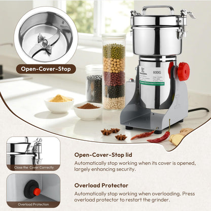 Kymucolvin Electric Grain Mill Grinder-800g 110V 3000W Performance Grain Mill,Suitable for Kitchen, Household,Commercial Use of Crushing Dry Grains,Spices,Herbs,Coffee,Corn,Pepper Grinder.(800g)