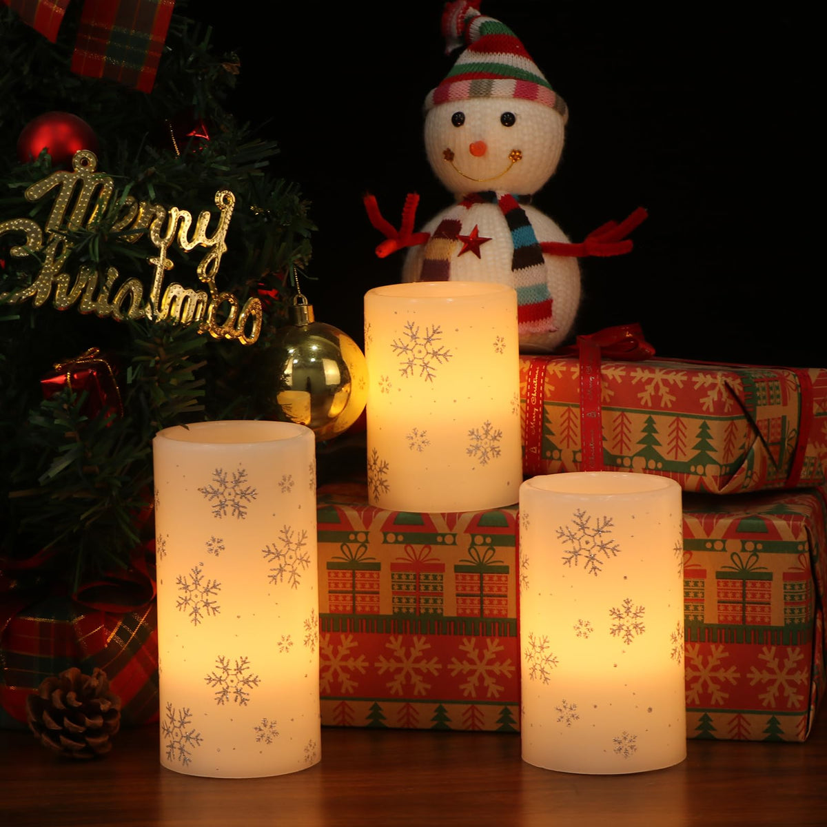 Eldnacele Christmas Flickering Flameless Candles with 6 Hour Timer, Silver Snowflake Decal Battery Operated Real Wax LED Pillar Candles Home Tabletop Holiday Decor(3Pcs,3×4/5/6 Inches)