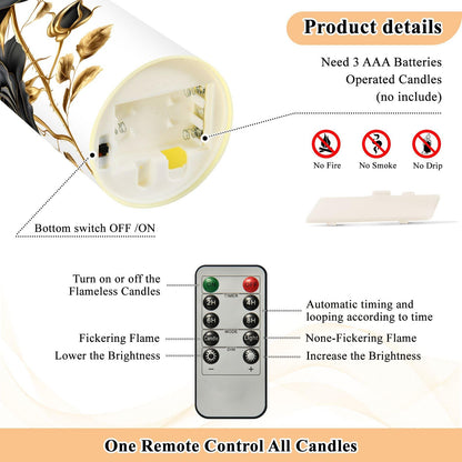 ALAZA Black Roses Gold Leaves Flickering Flameless Candles Battery Operated with Remote Timer,Tea Light Candles LED Pillar Votive Set of 2 for Outdoor Indoor Decorations 3" x5.9"