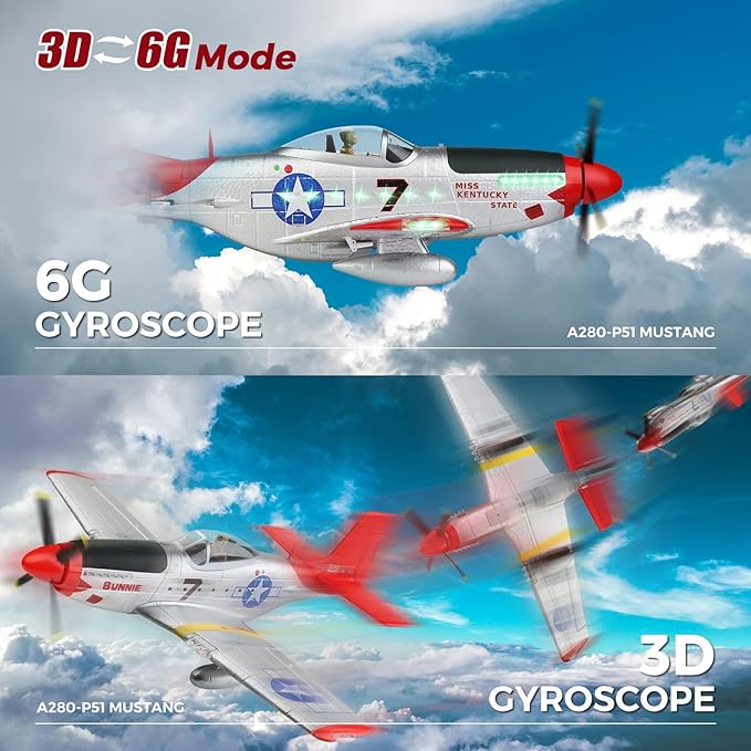 CKYSCHN WLtoys XK A280 RC Airplane P51 Mustang 4 Channel RC Plane with Lights 6G/3D Brushless RC Planes 2.4G Remote Control Airplane Hobby RC Planes Gifts for Adults