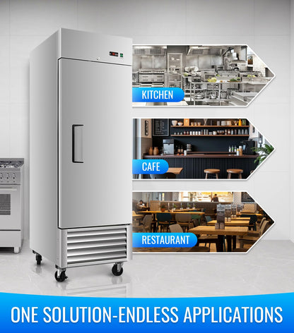 27" W Commercial Refrigerator, 23.6Cu.ft Reach-In Single Door Stainless Steel commercial fridge, 3 Shelves, Fan Cooling, Auto Defrost, Digital Thermostat - Ideal for Restaurant, Bar, Cafe, Shop