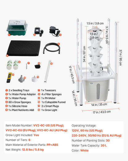 VEVOR Hydroponic Tower, 30 Pods 6 Tiers Hydroponics Growing System Kit with LED Grow Light & App Control, Vertical Home Garden with 20L Water Tank & Pump, Planter for Indoor Herbs, Fruits, Vegetables