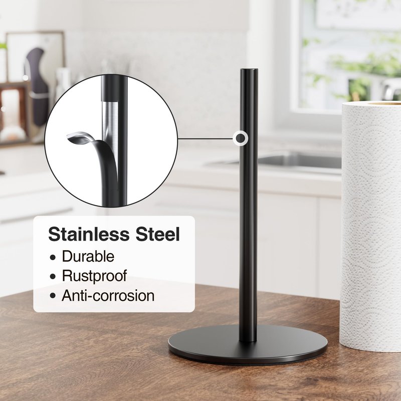 Black Paper Towel Holder Free-Standing, Premium Stainless Steel Paper Rolls Organizer Countertop, Classic Fashion Kitchen Roll Dispenser