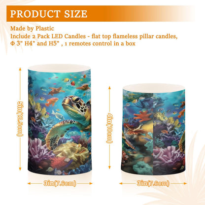 WEVIBOFU Sea Turtles Ocean Coral Reefs Fish Flickering Flameless Candles LED Battery Operated with Remote Timer Pillar Candles for Home Birthday Wedding Christmas Decor, Set of 2