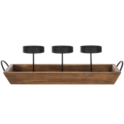 MyGift 3-Pillar Black Metal Candle Holder with Rustic Wood Tray and Handles, Tabletop/Mantel Centerpiece