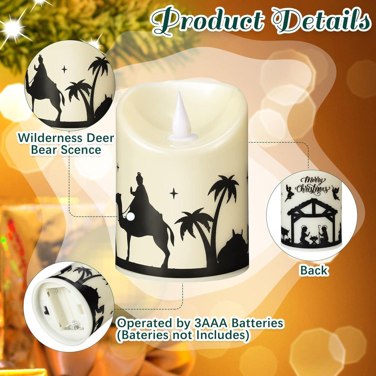 Treela 2 Pieces Christmas Flameless LED Candles with 8h Timer, Battery Operated Plastic Pillar Rustic Candles Warm Light with Decals for Adventure Table Home Decor, D3 x H6 (Nativity)