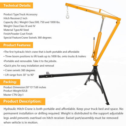 PioneerWorks Hydraulic Pickup Truck Crane, 360° Swivel Professional 2-Inch Hitch Receiver, 3 Adjustable Capacities: 500 Lbs, 750lbs, 1000 Lbs(Max) for Lifting Goods in Factory - Yellow