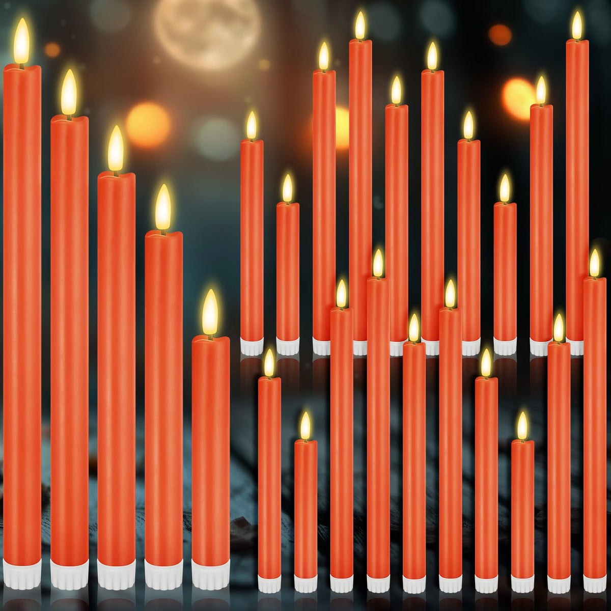 Rossesay 20 Pcs Flameless LED Taper Candles Battery Operated Taper Candles 5 Sizes of 6.5'', 7.7'', 8.8'', 10.0'', 11.2'' Flameless Candlesticks Flickering with 3D Flame for Wedding (Orange)