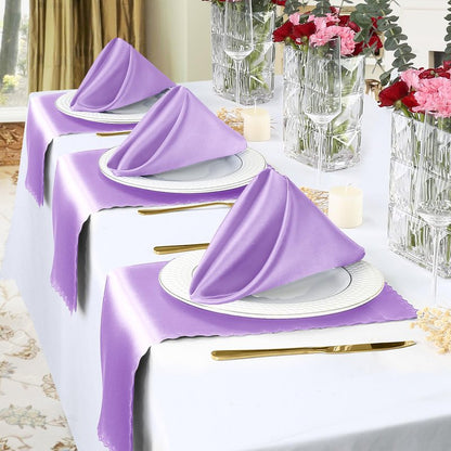 Homiest 12 Pack Light Purple Satin Dinner Napkins - 17x17 Inches, Scalloped, Silky Elegant Wedding & Party Napkins